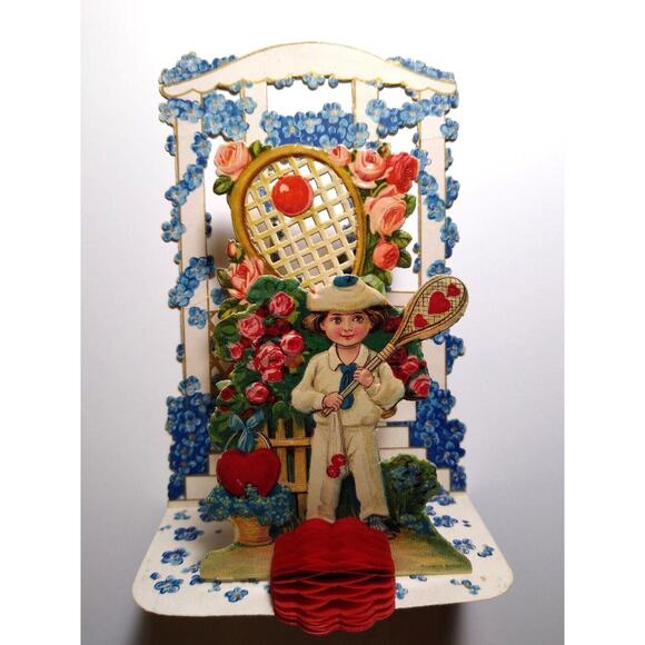 Antique Valentine German Child & Racket Children Greeting Card Die-Cut Stand Up - Picture 1 of 6